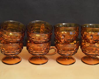 Set of 8 Vintage Indiana Glass Whitehall Amber 4 oz Cups, Cubist, Footed, 1970s