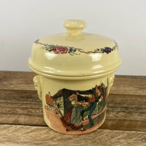 SIMPLEX Terrine Brevettee Modele Depose France Small Lidded Crock 4.75&quot;, Obernai Pattern Alsatian Village Scenes Henri Loux, Sarreguemines