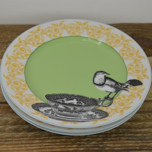 K&ouml;nnte beinhalten: Ein Set aus zwei gr&uuml;nen und wei&szlig;en Keramiktellern mit gelbem Blumendesign. Die Teller zeigen eine Schwarzwei&szlig;illustration eines Vogels, der auf einer Teetasse sitzt.