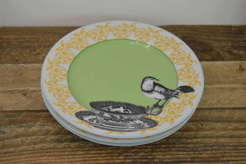 K&ouml;nnte beinhalten: Ein Set aus zwei gr&uuml;nen und wei&szlig;en Keramiktellern mit gelbem Blumendesign. Die Teller zeigen eine Schwarzwei&szlig;illustration eines Vogels, der auf einer Teetasse sitzt.
