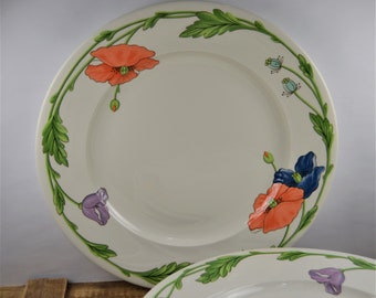 Set of 4 Villeroy and Boch AMAPOLA 12.5" Chop Plates Round Platter, Oversized Dinner Plate, White with Blue Orange Poppies Green, Germany