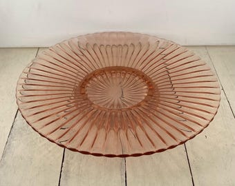 Anchor Hocking AHC37 PINK Glass Cake Plate 12.25", Ball Footed Cake Plate, Cake Stand, Fluted Textured Design, Pedestal Base