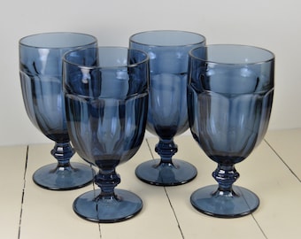 Set of 6 Libbey GIBRALTAR Dusky Blue 16 oz Iced Tea Goblets, Duratuff Glass, Pedestal Panel