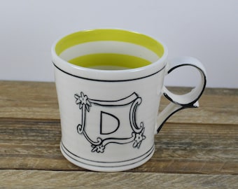 Molly Hatch 12 oz Initial Mug, Letter D, D Name, White with Black, Bright Green Stripe Inside, 3.5"
