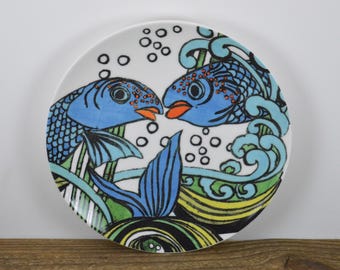 Anthropologie BLUE KOI 8.25" Salad Plate, Fish Carp Bubbles Blue Green Orange, Black Bird Stamp, Whimsical Plate Gallery Wall