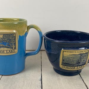 Set of 2 Deneen Pottery SQUAM LAKE 12 oz Mugs, Dark Blue 3.25" and Light Blue 4.5" with Drip Glaze, Squam Lake NH Design, Stamped Deneen
