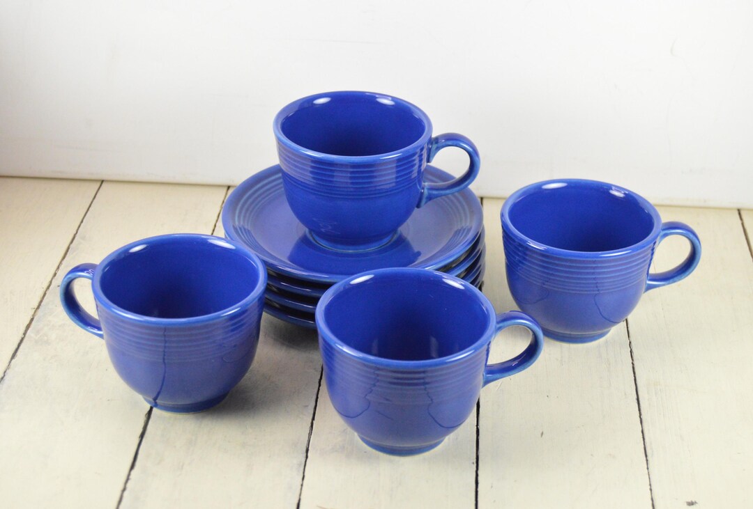 Set of 4 Fiesta SAPPHIRE Blue Cups and Saucers, 6 Oz Flat Cups, Bright