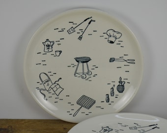 Set of 3 MCM Gilling BBQ 9.25" Plates, White with Black Graphics, Hat Apron BBQ Coffee Salt Pepper, Whimsical Vintage 60s Look, Used