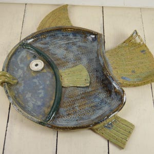 Hand Made Pottery FISH 13.5", Wall Decor (no hanger) or Fun Platter, Blue with Green Fins and Lips, Raised Design Texture