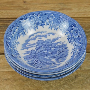Set of 4 Salem China ENGLISH VILLAGE 5.25&quot; Fruit Dessert Sauce Bowls, Olde Staffordshire English Ironstone, Blue Transferware, Village Scene