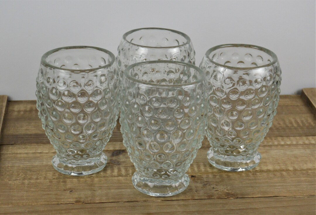 Set of 4 Tiara CLEAR HOBNAIL 9 Oz Flat Tumblers, 4.75, Heavy Pressed Glass, Hobnail Raised Dots