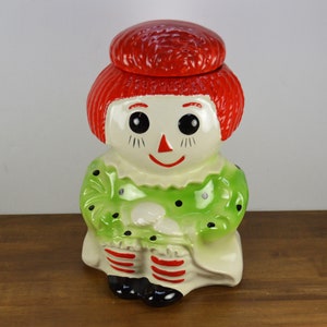 McCoy Pottery Raggedy Ann Cookie Jar 11&quot;, Hair Bun Lid, Red Hair Green Dress Striped Socks, Doll Canister, Heavy Ceramic, Chipped/See Notes