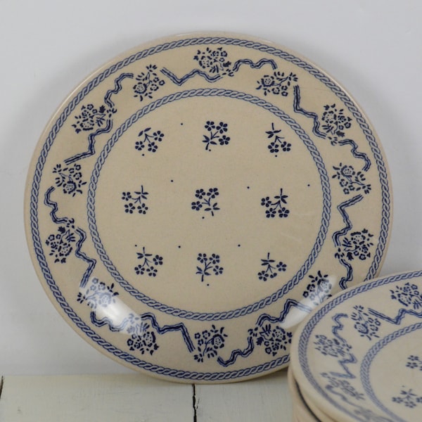 Set of 9 Johnson Brothers PETITE FLEUR Blue 6.25" Bread Plates, Natural with Blue Flowers and Rope, Laura Ashley, Ironstone, England