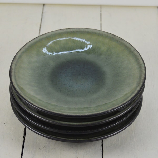 Set of 4 Jars France SAMOA VERT 5 5/8" Bread Dessert Saucer Plates, Crackled Glossy Green with Matte Charcoal Black Under, Used