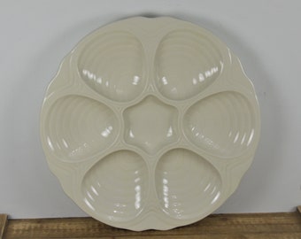 Hall 1151 Oyster Plate 10.5", 6 Section, Oyster Shell Shaped Wells, Heavy, Off-White, Serving Plate Platter Tray