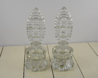 Set of 2 Pressed Glass Perfume Bottles with Stopper, 7.25", EAPG, Imperial Glass?, Clear Glass, Vanity Bottle, Geometric Pattern