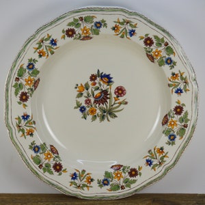 Gien France MOUSTIERS OLERYS 13&quot; Deep Round Platter Tray, Faiencerie De Gien, Off-White with Green Brown Scalloped Rim, Floral Center