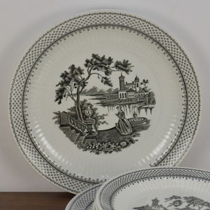 Set of 8 Adams MINUET Plates, 4) 8&quot; Salad, 4) 6&quot; Bread, Newer Backstamp, Real English Ironstone, White with Black Center Scene, 1 Small Chip