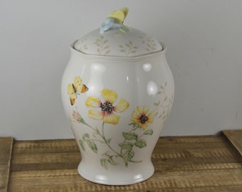 Lenox BUTTERFLY MEADOW Medium 9.75" Canister with Lid, Yellow Butterfly Blue Flower Handle, Ginger Jar Shape, Yellow Flowers and Dragonfly