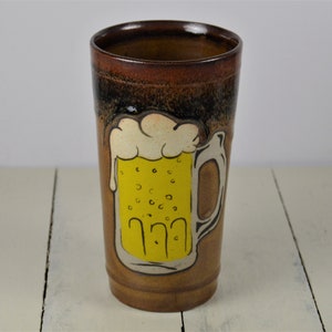 Hand Made Potter BEER Tumbler 20 oz, Brown Drip Glaze, Painted Beer Mug Design, Artist Signed Stamped, 6 3/8"