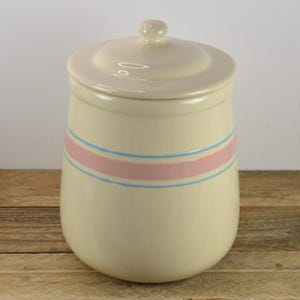 McCoy Pink and Blue Bands 7.25&quot; Canister Jar with Lid, Nelson McCoy, Farmhouse Country Kitchen, USA