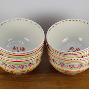 Set of 4 ANTHROPOLOGIE 5.75&quot; Cereal Bowls, Chili Bowls, Bright Colors Southwestern Geometric Raised Patter, Red Blue Green, Black Bird Logo