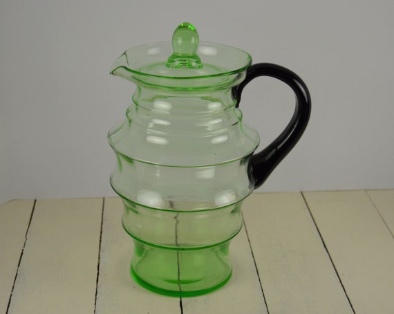 Vintage Small Clear Hand Blown Glass Pitcher w/applied Black Handle Mini