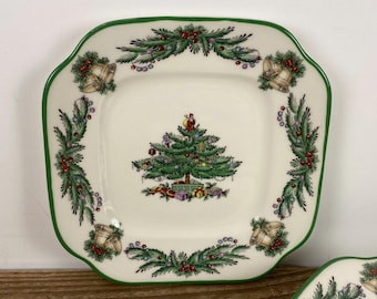 Set of 4 Spode CHRISTMAS TREE GARLAND 5.75" Square Canape Plates, Square Side Plate, Appetizer Holiday Plate, Green Rim