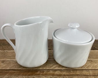Corelle ENHANCEMENTS Sugar Bowl with Lid and 10 oz Creamer Set, All White,  Scalloped Swirl Design, Corelle by Corning