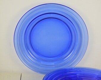 Set of 5 Hazel-Atlas MODERNTONE Cobalt Blue 8 7/8" Dinner Luncheon Plates, Blue Glass Ringed Rim