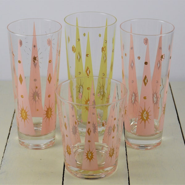 Set of 4 FRED PRESS Starburst Diamond Tumblers, 3) 12 oz Tall, 1) 13 oz Short Tumbler, Pastel Pink and Yellow with Gold, Vintage Barware