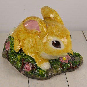 The Townsends Ceramics Hand Painted Brown Bunny with Flowers, 5 3/8&quot;, Yellow Brown Rabbit, Ann Townsend, Life-like Painted Bunny, Signed