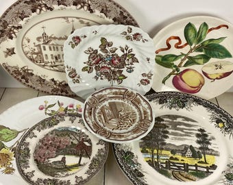 Set of 7 Mismatched BROWN Transferware Plates 6-12", Wall Grouping Varying Size Mix, Historical America Wedgwood Villeroy Devon Sprays