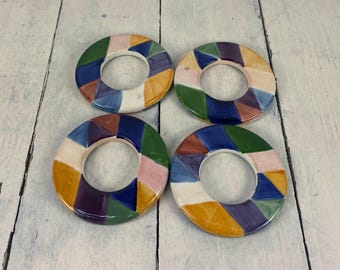 Set of 4 Tabletops CARNIVAL Ceramic Napkin Rings 2.75", Multicolor Geometric Diamond Pattern, Flat Shape