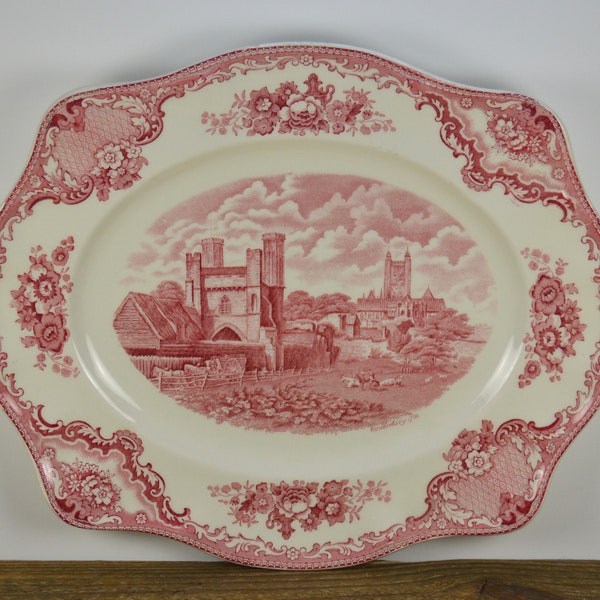 Johnson Brothers OLD BRITAIN CASTLES 14" Oval Platter, Pink Red Transferware Canterbury 1794, Floral Rim, Made in England Crown Stamp