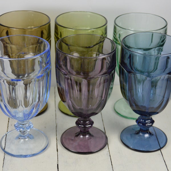 Set of 6 Libbey GIBRALTAR 16 oz Iced Tea Water Goblets, Mismatched 6 Colors Dusky Blue Spanish Green Misty Blue Violet Olive Mocha, 7"