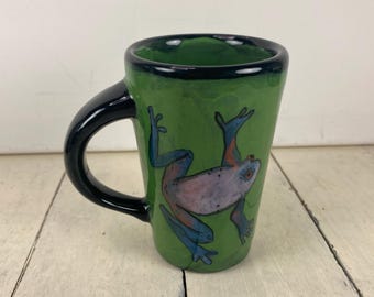 RAINBOW GATE Santa Fe 8 oz Skinny Green Mug with Hand Painted Blue/Purple Frog 4.25", Studio Art Pottery Cup, Black Rim Handle, Bottom Logo