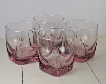 Set of 4 Libbey IMPERIAL PLUM 12 oz Old Fashioned Glasses, 3 5/8", Barware, Pinky Purple, Swag Design, Square Base