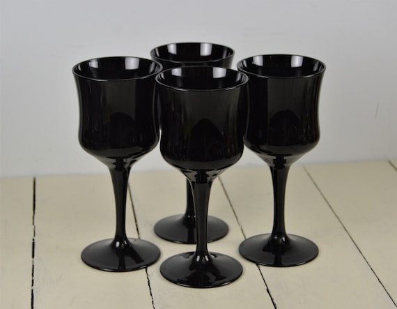 Set of 4 American Future LICORICE 5 Oz Wine Glasses, 5 7/8, Shiny Black,  Black Glass, Wine Goblet 