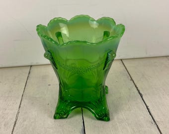 EAPG Jefferson Glass c 1903 Green Footed Spooner 4.25", Opalescent Scalloped Rim, Swag Design with Brackets Leaf Sprays on Feet, Small Chips
