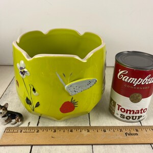Może przedstawiać: Chartreuse ceramiczna donica z falistym brzegiem, ozdobiona malowanymi kwiatami, motylem i truskawką. Obok donicy znajduje się puszka z zupą pomidorową Campbell i mała figurka corgi. Na pierwszym planie znajduje się drewniana linijka.
