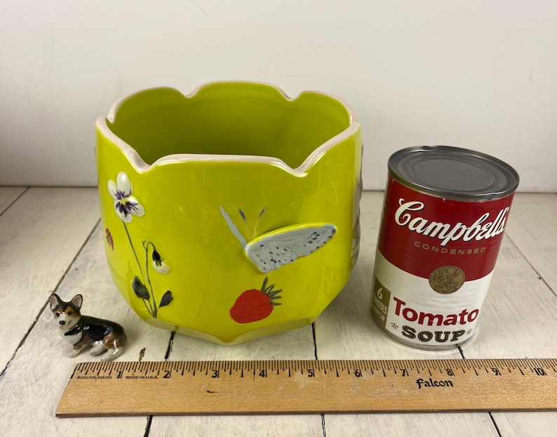 Może przedstawiać: Chartreuse ceramiczna donica z falistym brzegiem, ozdobiona malowanymi kwiatami, motylem i truskawką. Obok donicy znajduje się puszka z zupą pomidorową Campbell i mała figurka corgi. Na pierwszym planie znajduje się drewniana linijka.