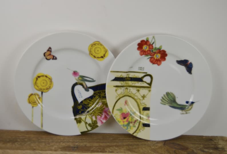 Puede incluir: Dos platos de cer&aacute;mica blanca con dise&ntilde;os florales y de p&aacute;jaros coloridos. Un plato presenta un colibr&iacute;, mariposas y flores amarillas. El otro plato presenta un p&aacute;jaro azul, flores rojas y un dise&ntilde;o dorado y negro.