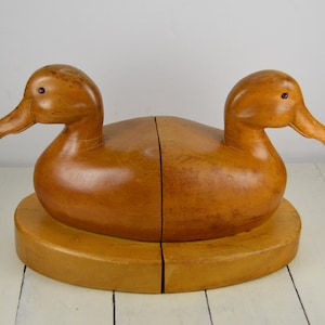 Pair of Wood DUCK Bookends 7 3/8", Carved Hand Made, Light Wood, Plastic Eyes, Duck Head Beak Half, Used