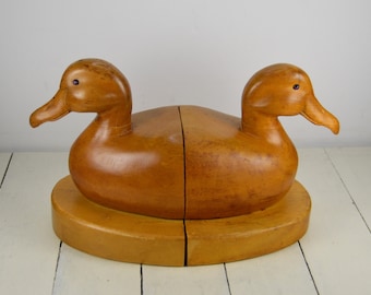 Pair of Wood DUCK Bookends 7 3/8", Carved Hand Made, Light Wood, Plastic Eyes, Duck Head Beak Half, Used