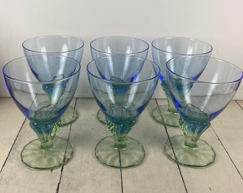Set of 6 Bormioli Rocco BAHIA 10 oz Champagne Tall Sherbet Goblets 5.5", Blue Upper Bowl Green Textured Stem, Martini Margarita