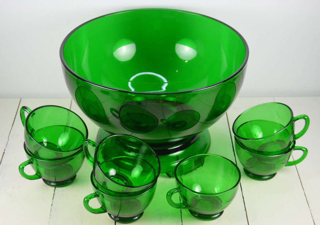 9 Pc Anchor Hocking FOREST GREEN Punch Bowl Set, 1 10 Bowl, 1 6.5 Bowl