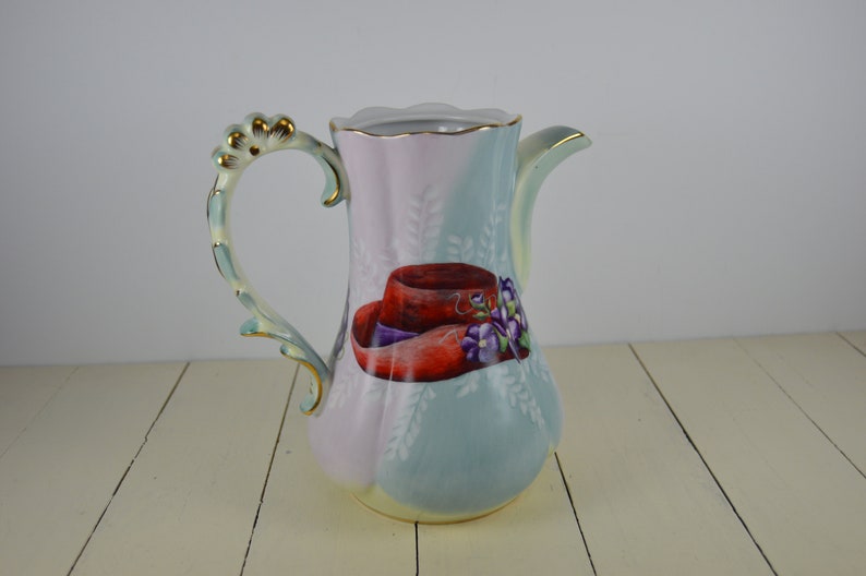 Vase Beautiful! 8 Vintage Hand Painted Coffee Pot WITH Red Hat Society Hats Graphic on top Decorative No Lid Olympic China
