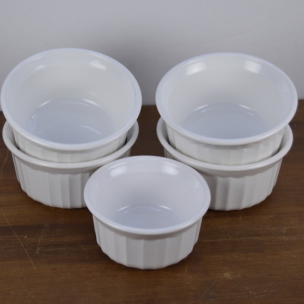 5 Pcs Corning Ware Ramekins 1) 4 oz Small 3.5" Custard, 4) 7 oz 4" Size, French White Casserole, Pyroceram, USA Made