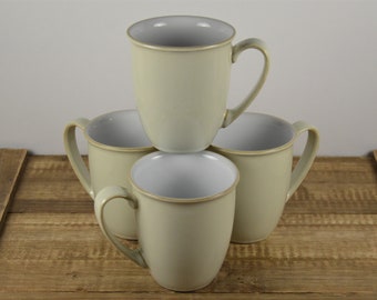 Set of 4 Denby LINEN 10 oz Beaker, English Mug, White Inside Beige Outside, Stoneware Made in England, 4"